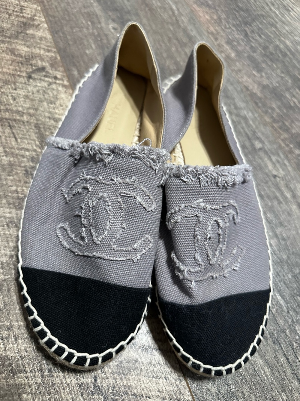 CHANEL Two-Tone Gray and Black Canvas Espadrilles with Frayed Logo